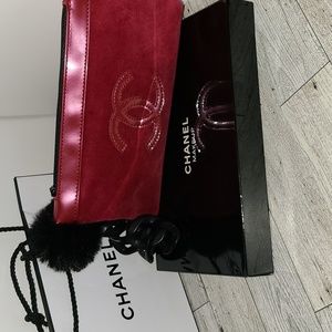 Chanel Wristlet Wallet Cosmetic Bag Pouch Red Burgundy Black Authentic New!